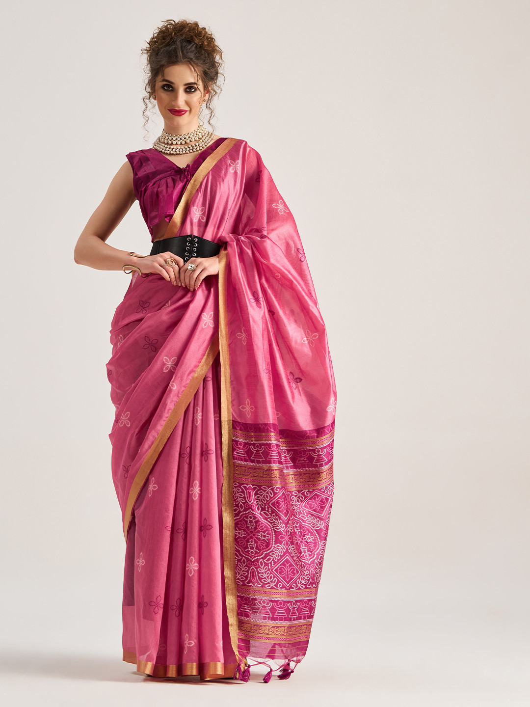 BEYOND ETHNIC Bandhani Print Zari Belted Saree