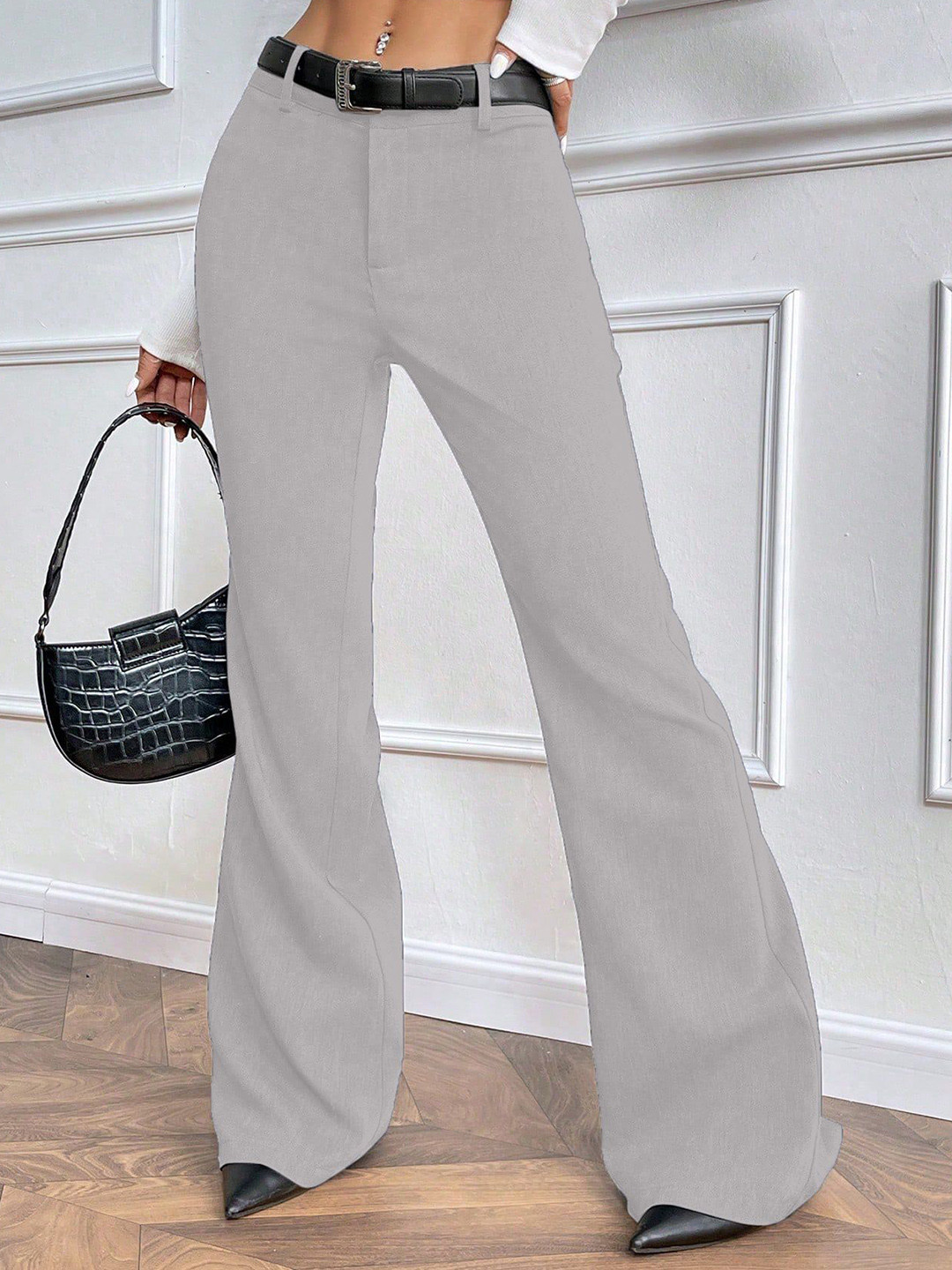 AAHWAN Women Slim Fit Low-Rise Grey Bootcut Trousers
