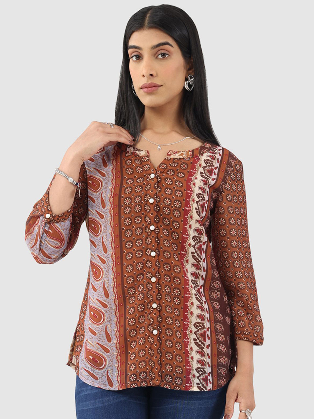 Mustard Ethnic Motifs Printed Above The Keyboard Collar Casual Shirt