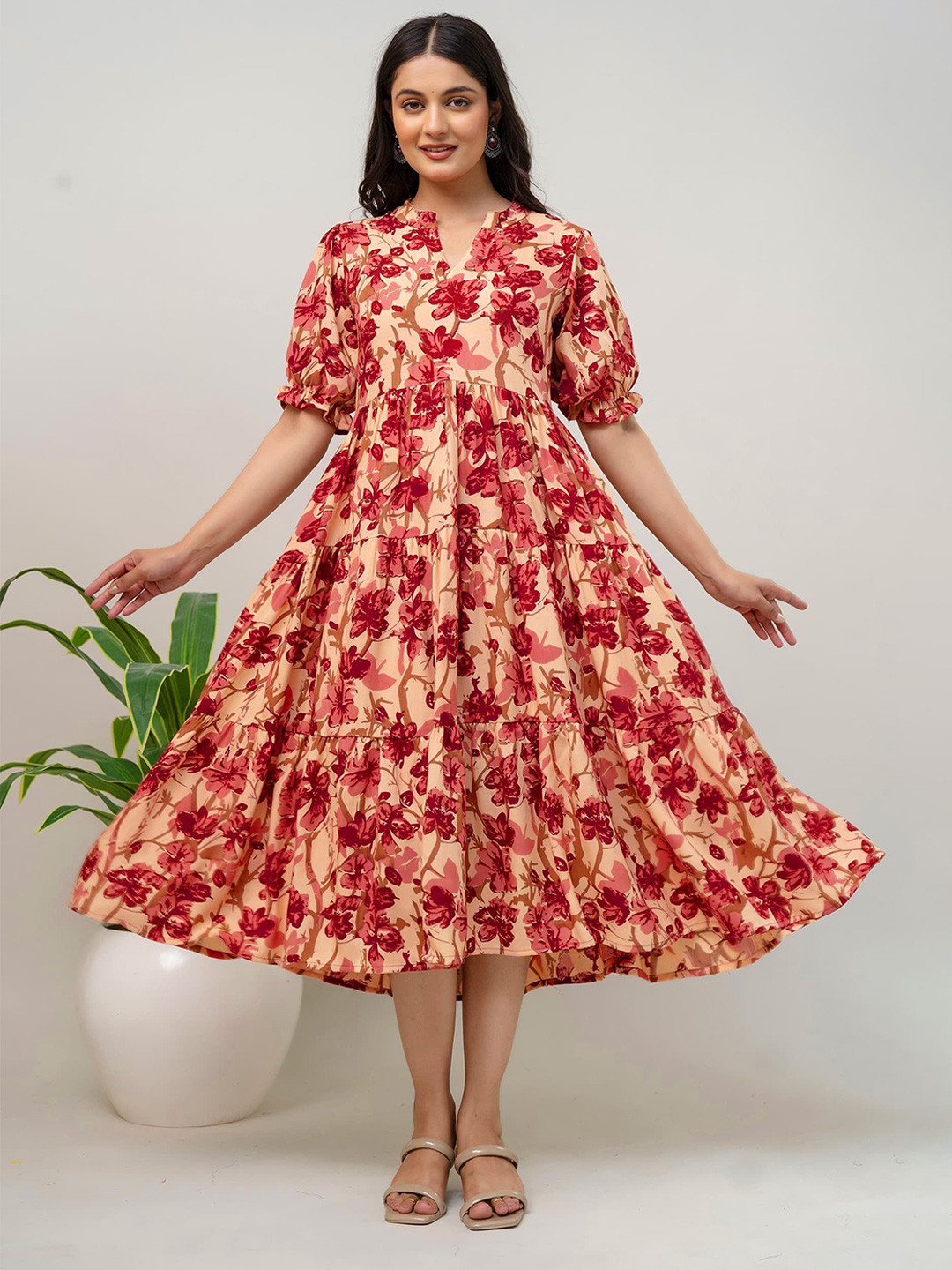 PRESHA Floral Printed Puff Sleeves Fit & Flare Midi Dress