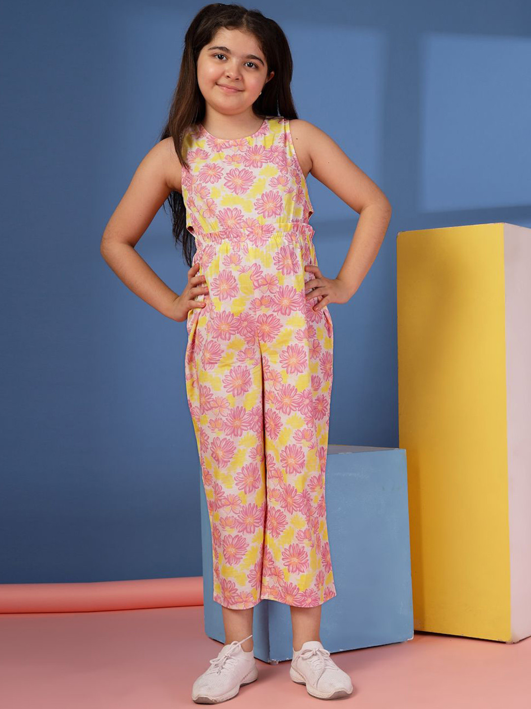 Budding Bees Girls Sun Bloom Floral Printed Basic Sleeveless Jumpsuit