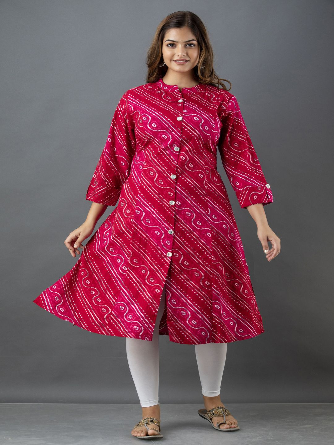ROPADEMODA Bandhani Printed Mandarin Collar Pure Cotton A-Line Kurta