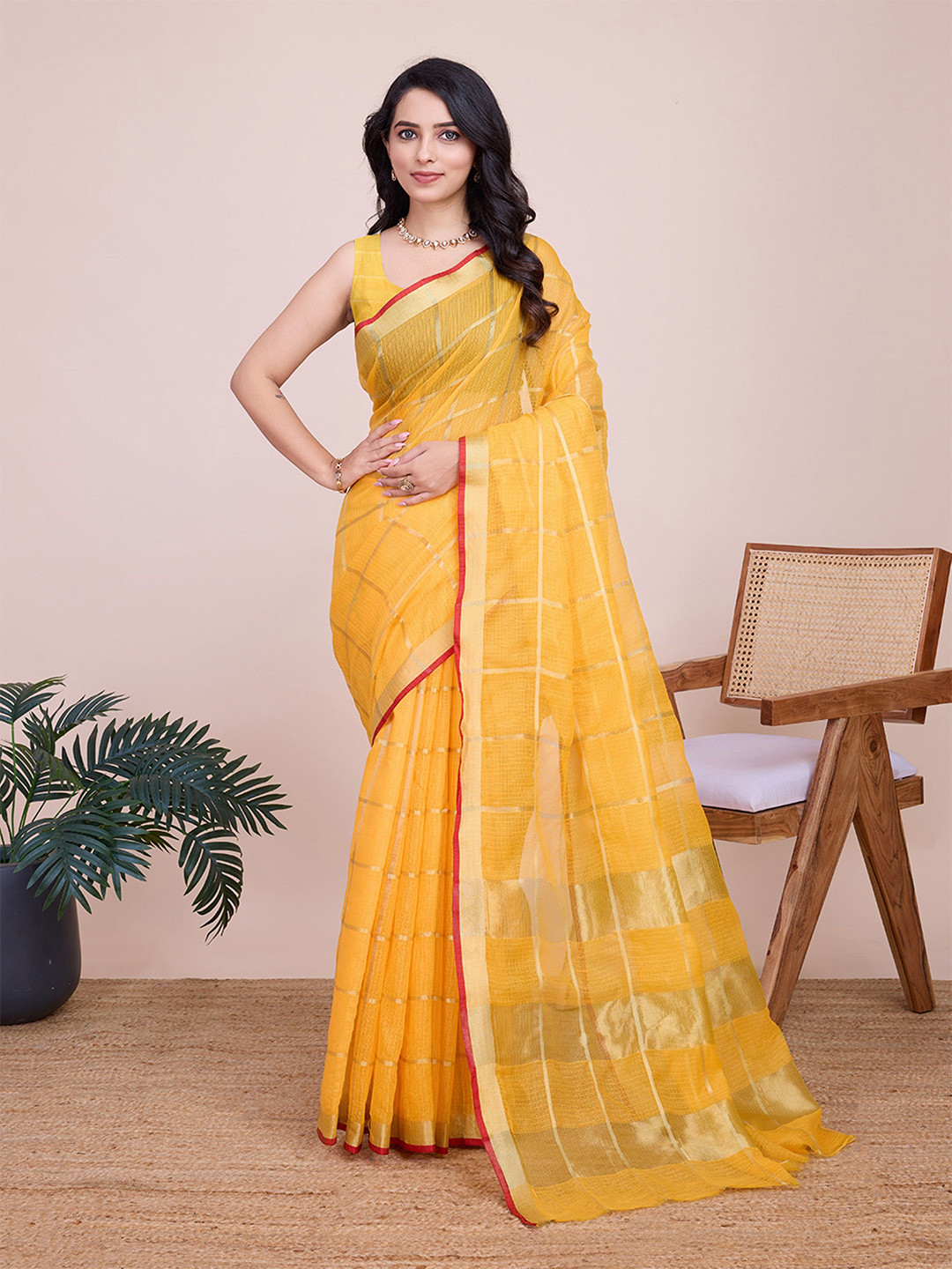 Pandadi Saree Checked Woven Design Zari Sarees  With Zari Lace Border And Matching Blouse