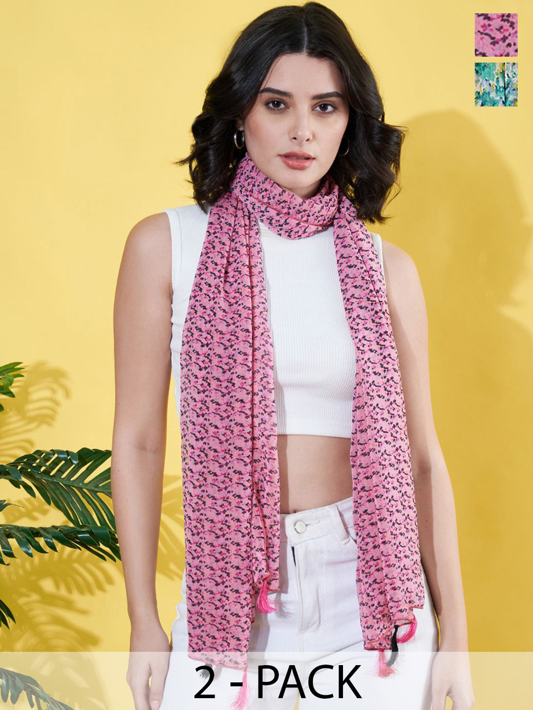 ANVI Be Yourself Women Pack of 2 Printed Chiffon Scarves With Tassaled