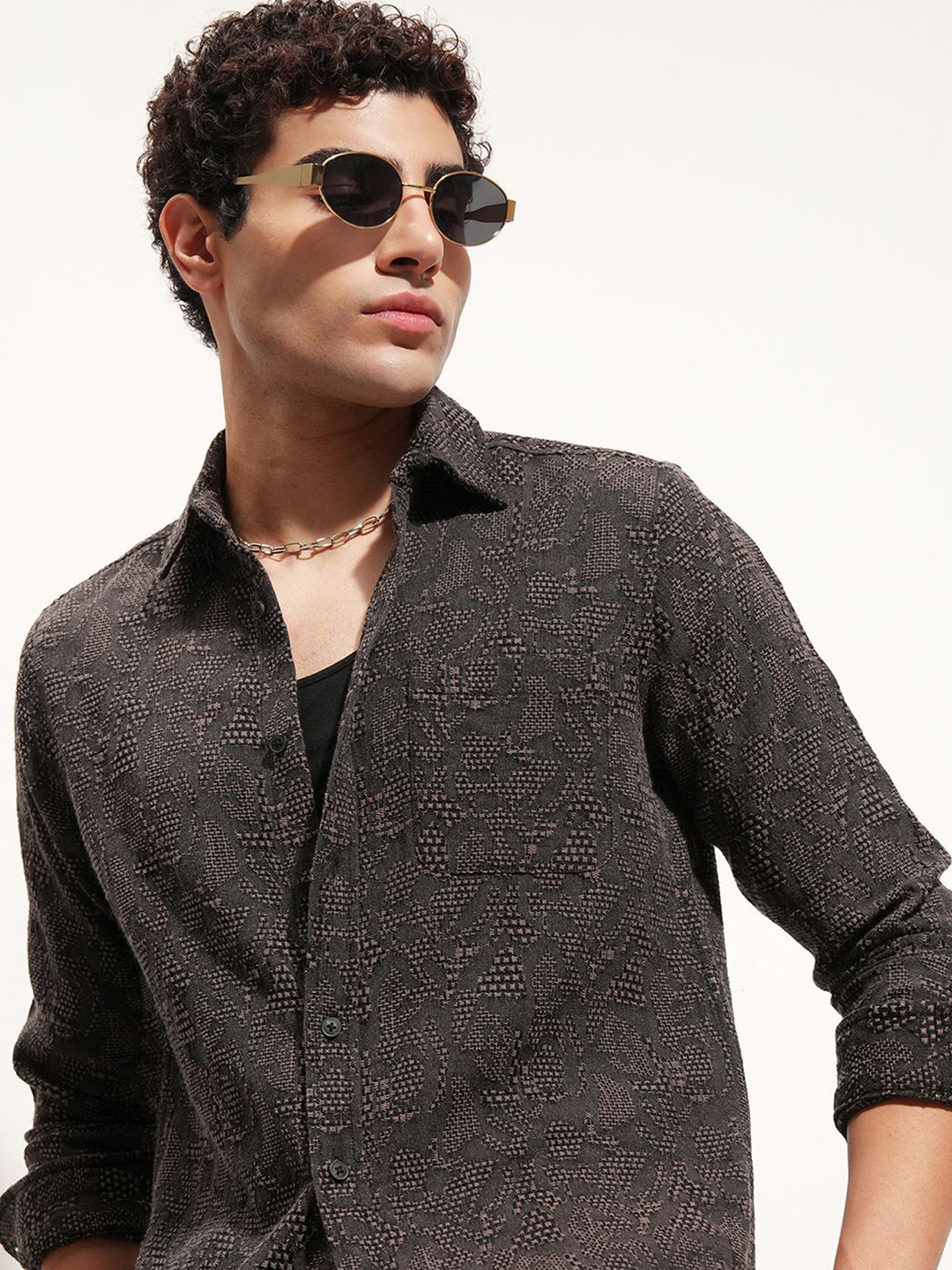 HIGHLANDER Slim Fit Abstract Self Design Long Sleeves Shirt