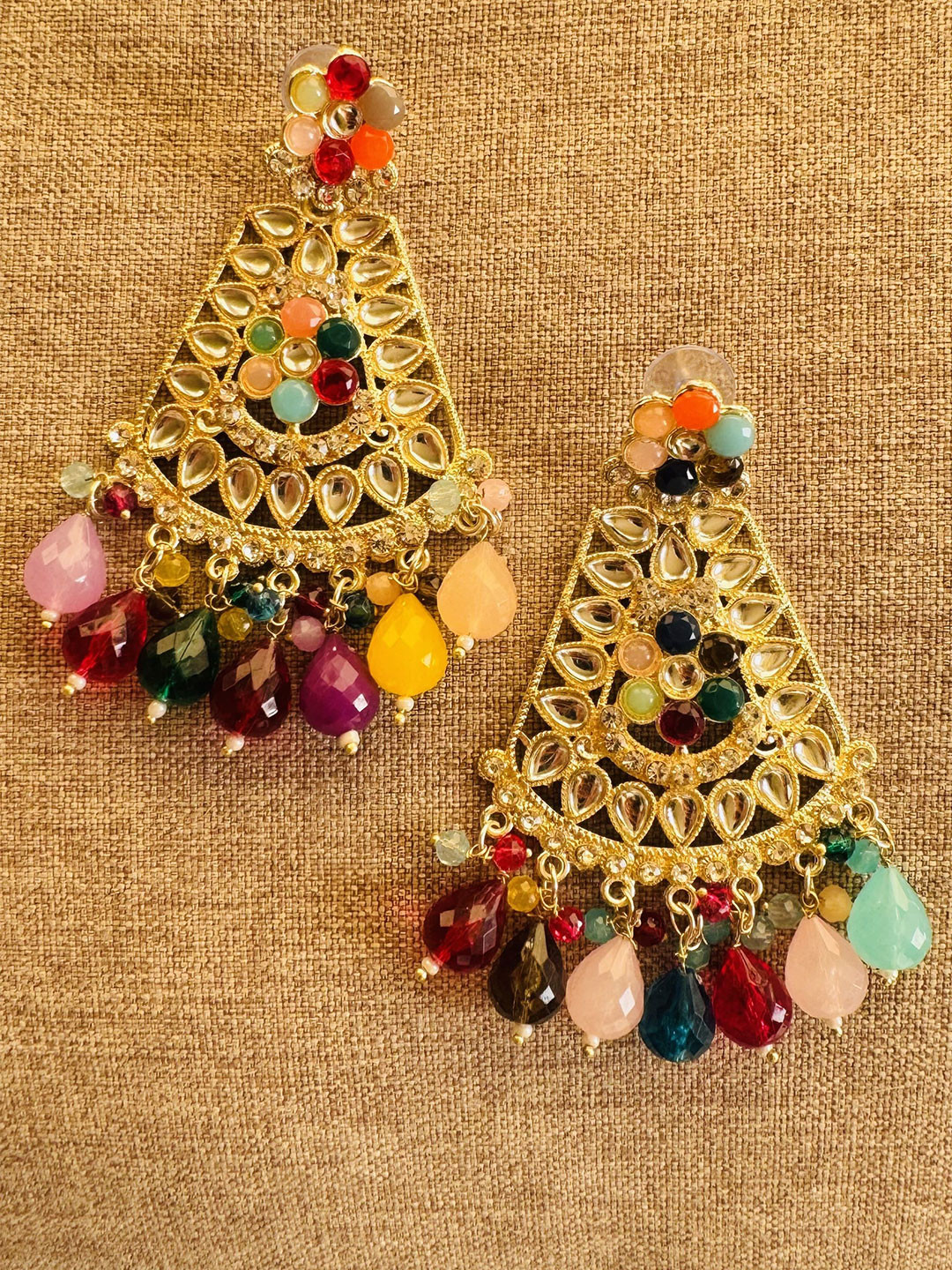 fashion fusion collection Gold-Plated Stones Studded & Beaded Contemporary Drop Earrings