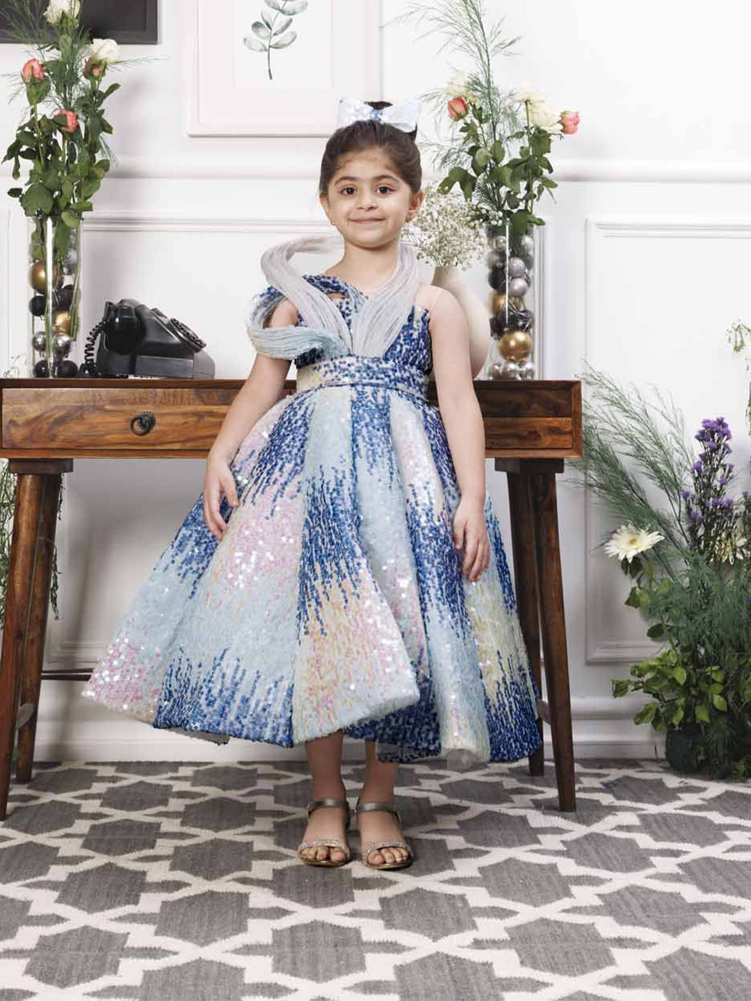 The Lush Affair Girls Embellished Print Belted Halter Neck Net Fit & Flare Dress