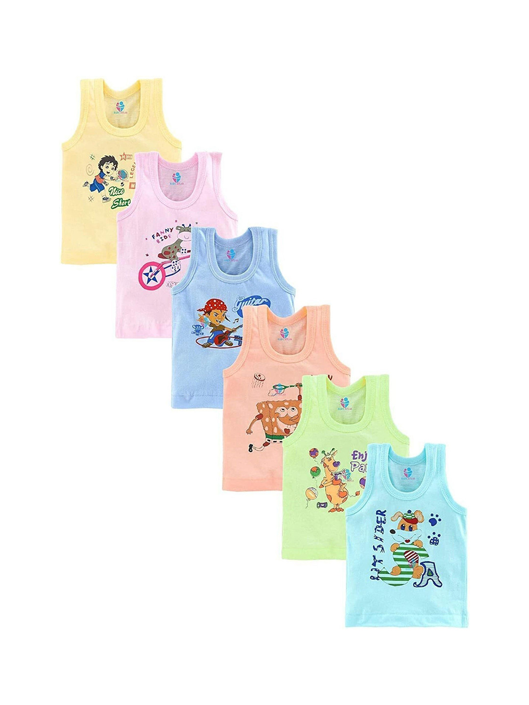 NEW TRINATH HOSIERY Kids Pack Of 6 Printed Cotton Basic Vests VAN