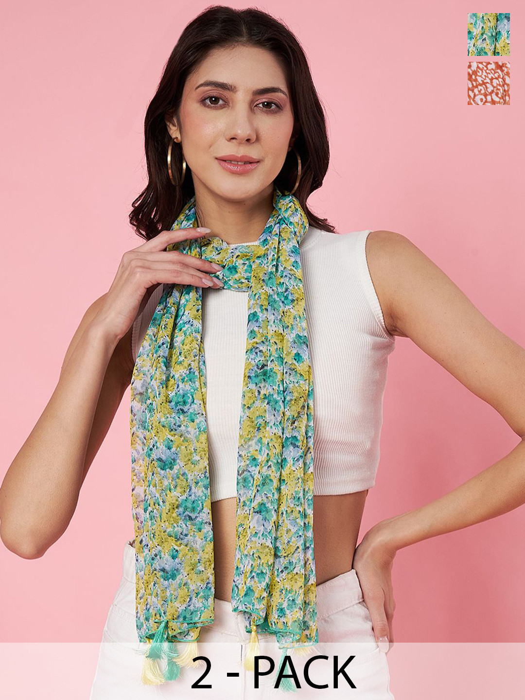 ANVI Be Yourself Women Pack of 2 Printed Chiffon Scarves With Tassaled