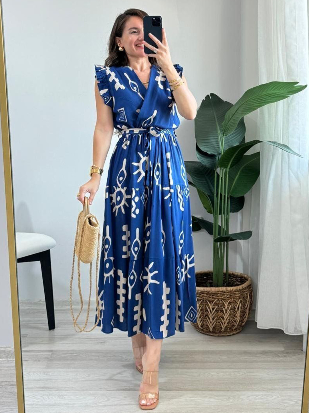 PIMU Women Printed V-Neck Tiered Sleeveless Wrap Maxi Dress