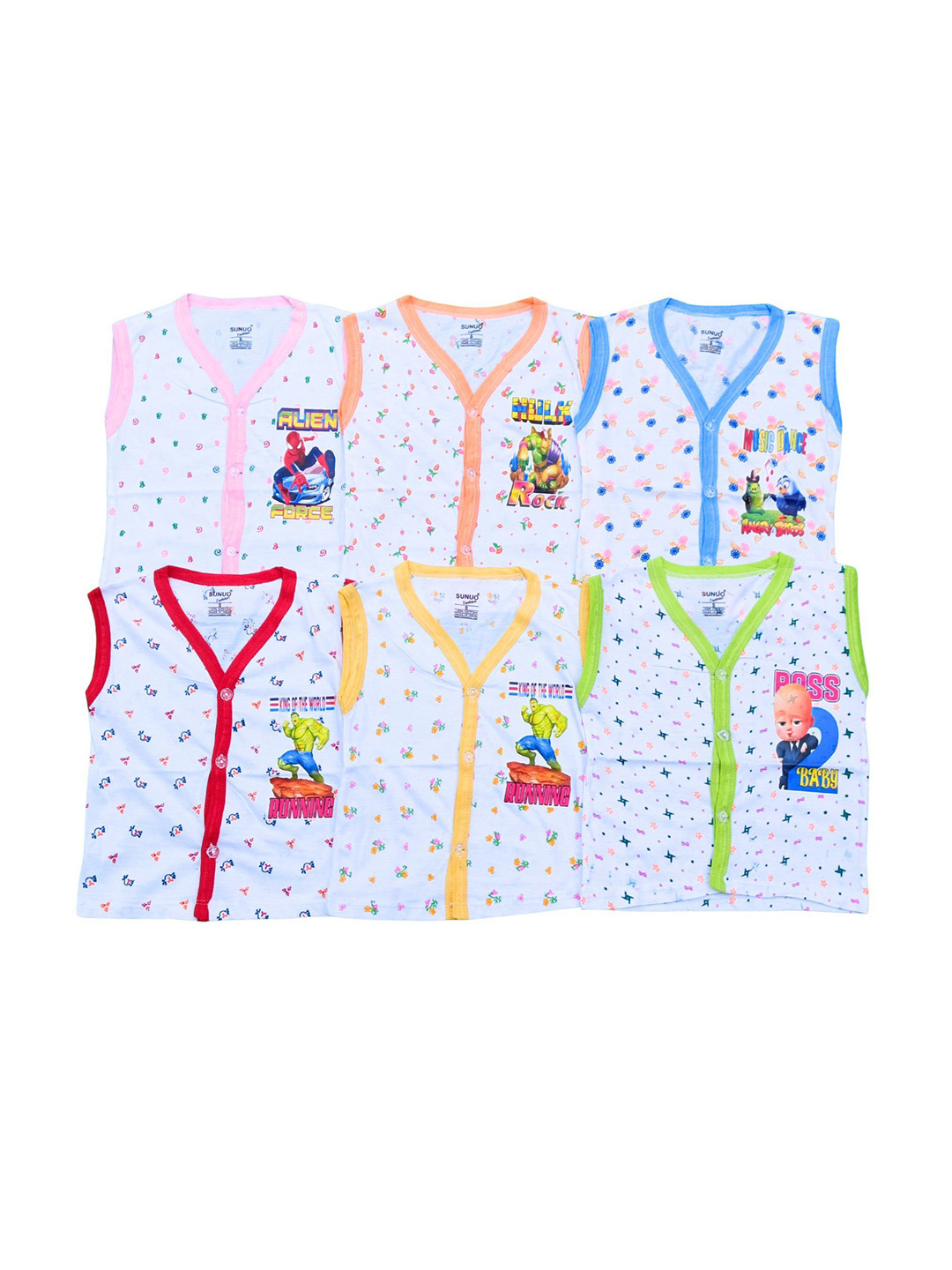 SUNUO Kids Pack Of 6 Printed Cotton Innerwear Vests