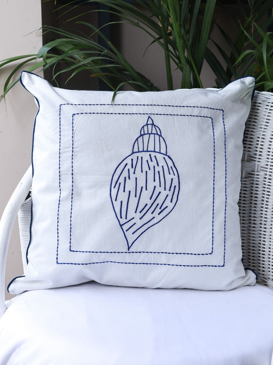 Crown of Poppies Coastal Calm White & Blue Embroidered Cotton Square Cushion Cover