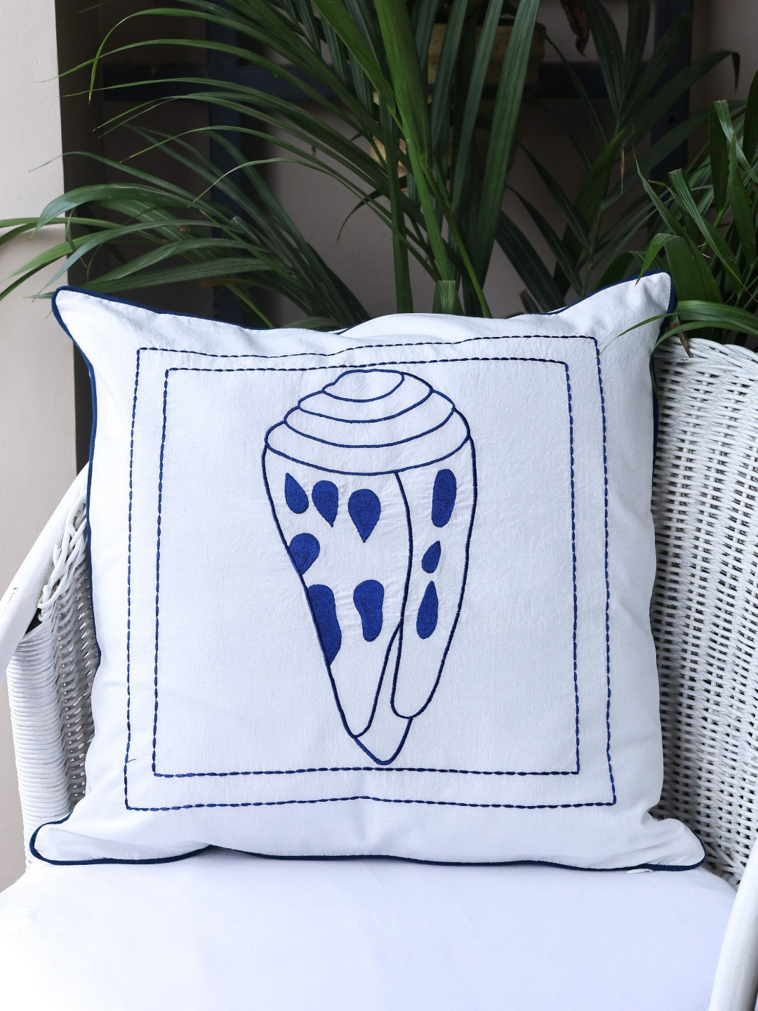 Crown of Poppies Coastal Calm White Abstract Embroidered Cotton Square Cushion Covers