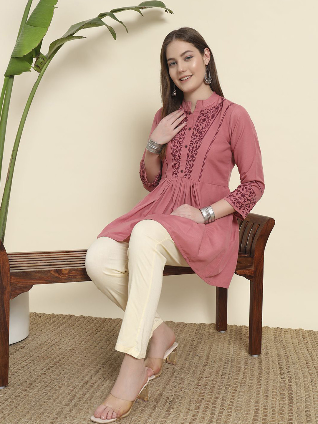 KALINI Women Viscose Rayon Mandarin Collar Embroidered Tunic