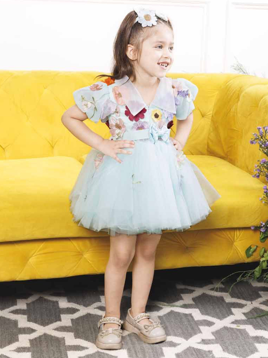 The Lush Affair Helen Girls Floral Embroidered Applique Detail Fit and Flare Tulle Dress