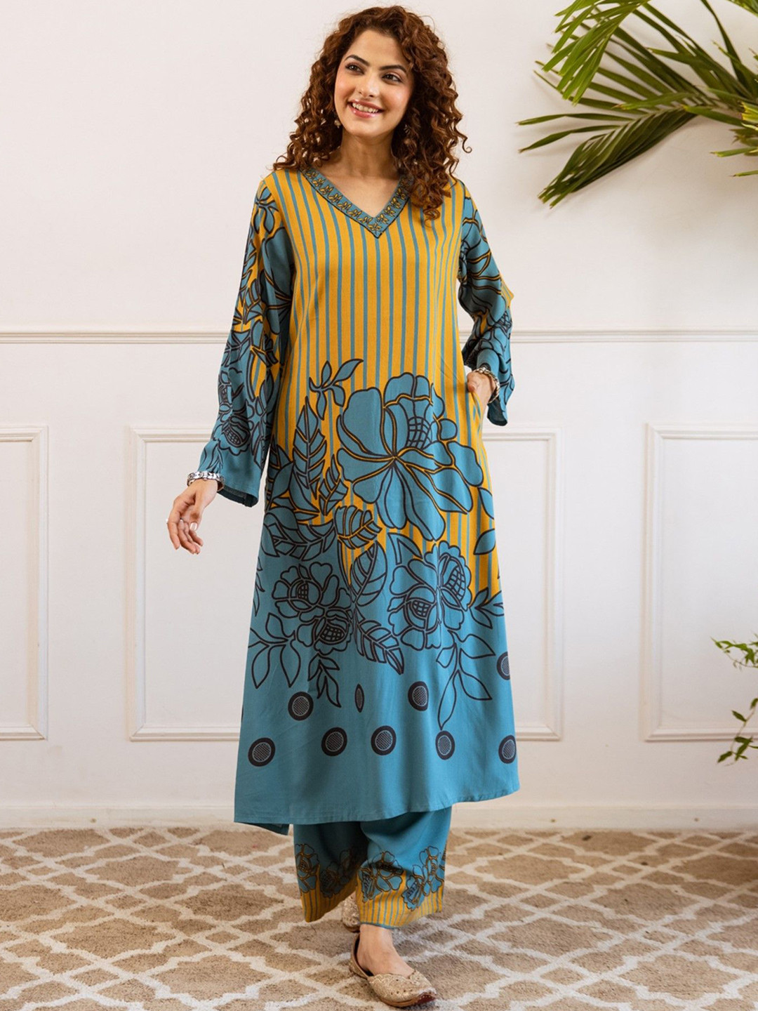 AUTUMN LANE Bakul Flax Floral Printed V-Neck Pure Cotton A-Line Kurta With Palazzos