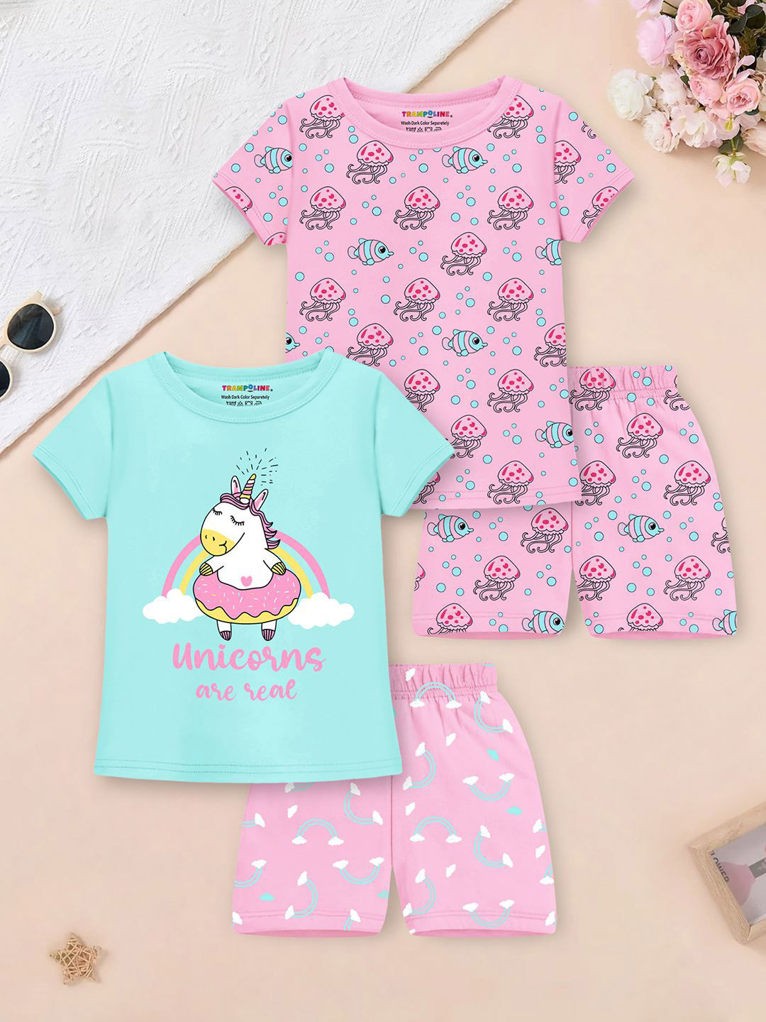 YK X Trampoline Girls Pack Of 2 Printed T-Shirts With Shorts