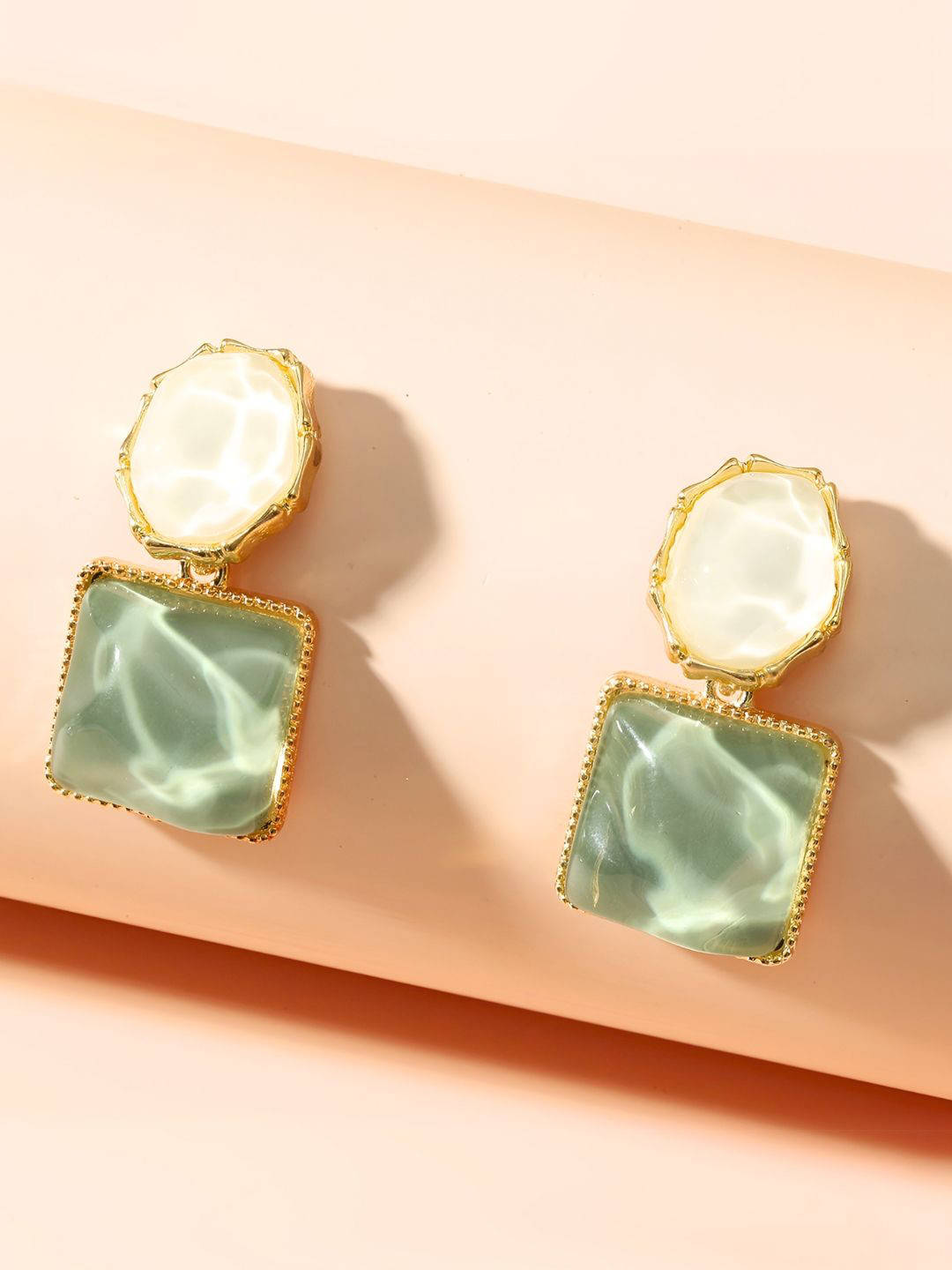 COOLWOOL Gold-Plated Artificial Stones Studded Square Drop Earrings