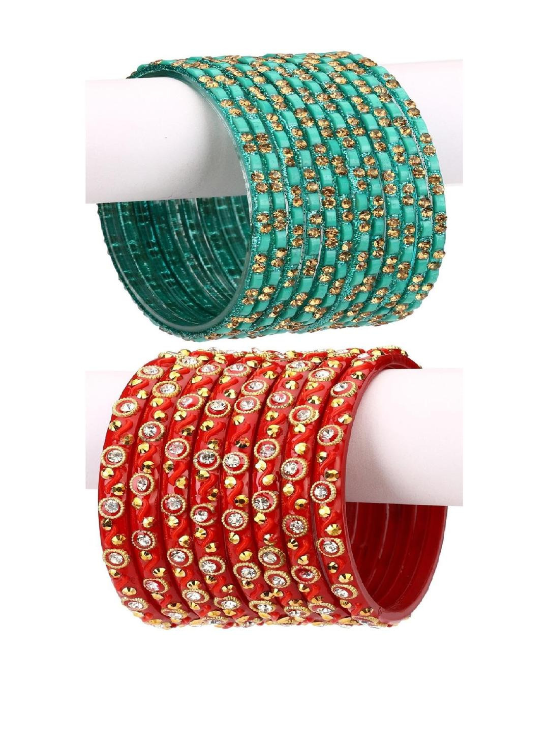 Somil Stylish Glass & Fancy Bangle/Kada Set Radium & Red, Combo Of 2 Set