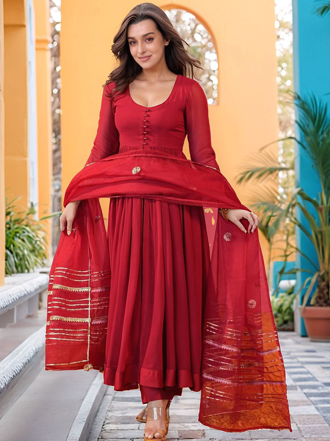 GoSriKi U-Neck Gotta Patti Pleated Anarkali Kurta & Trousers With Dupatta