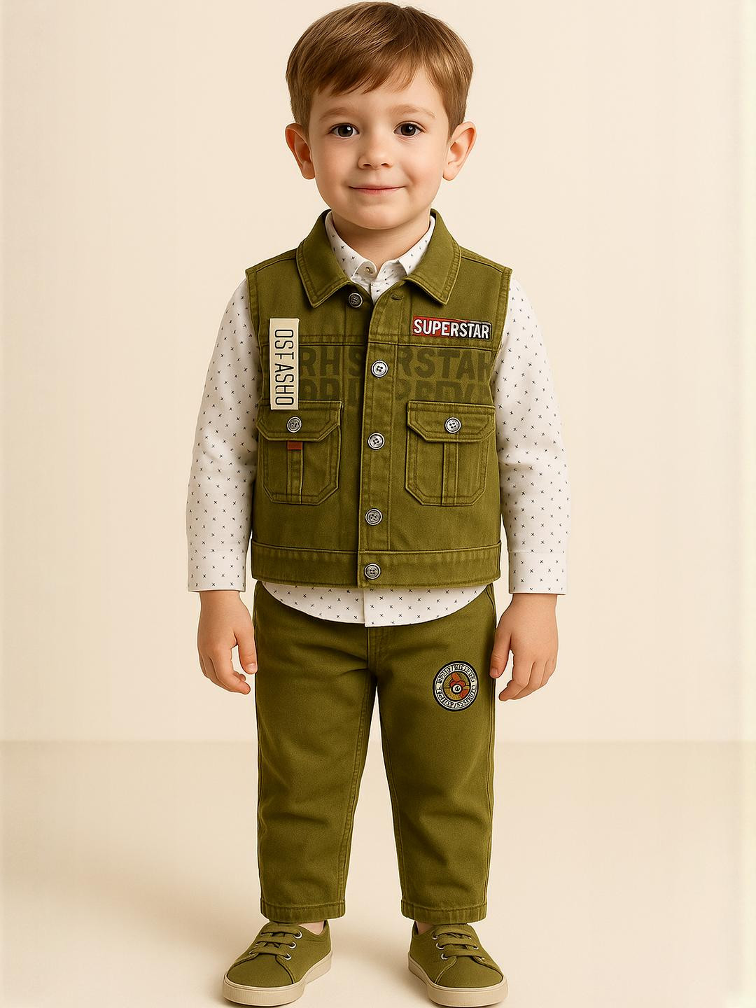Boys Olive Green Superstar Vest Set