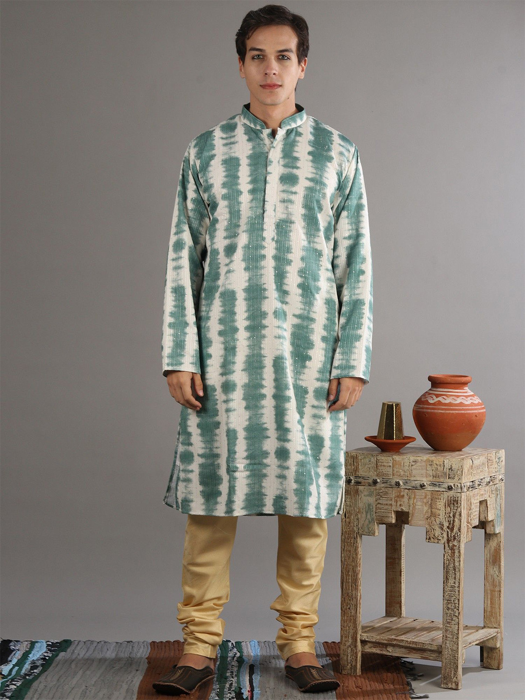 Exotic India Shibori Abstract Dyed  Sequinned Cotton Silk Kurta With Pyjamas