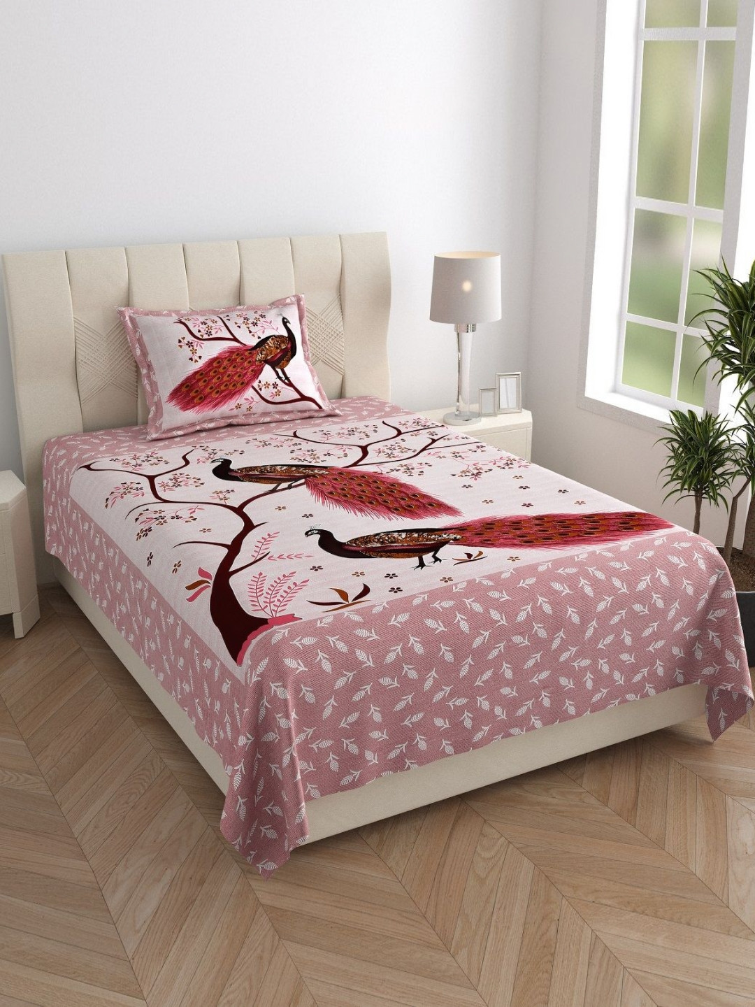 MANDAKINI Pink & White Floral Cotton 144 TC Single Bedsheet Set-1.82 m x 1.21 m