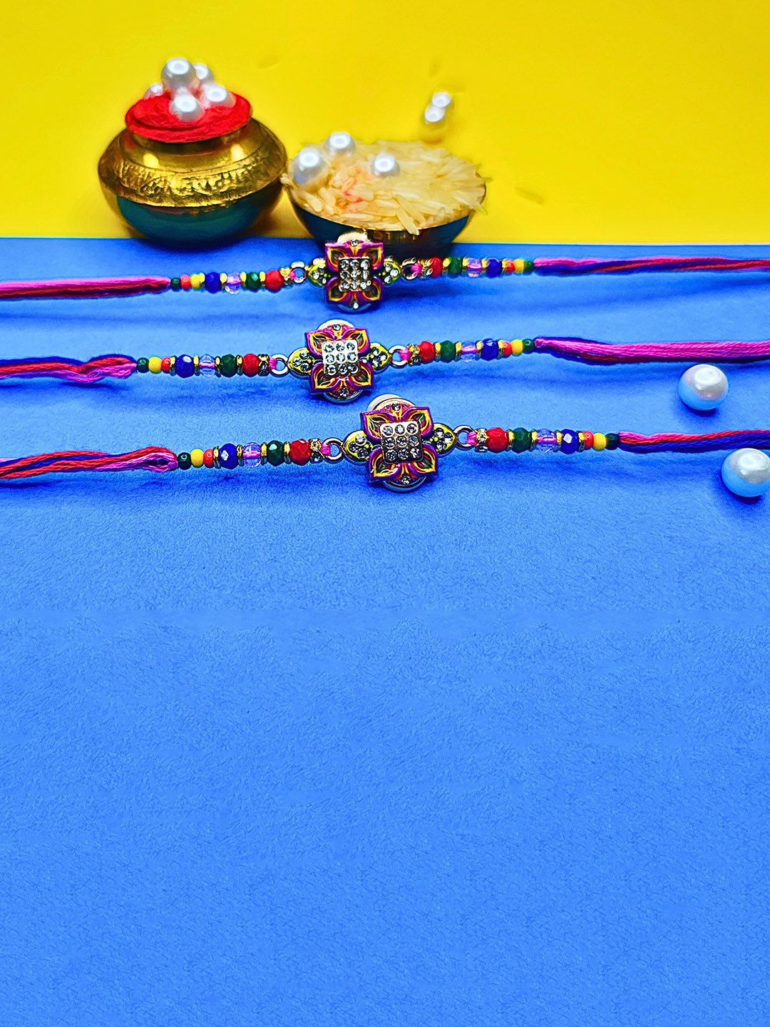 MANSIYAORANGE Set Of 3 AD Stones Studded & Beaded Cotton Thread Rakhi