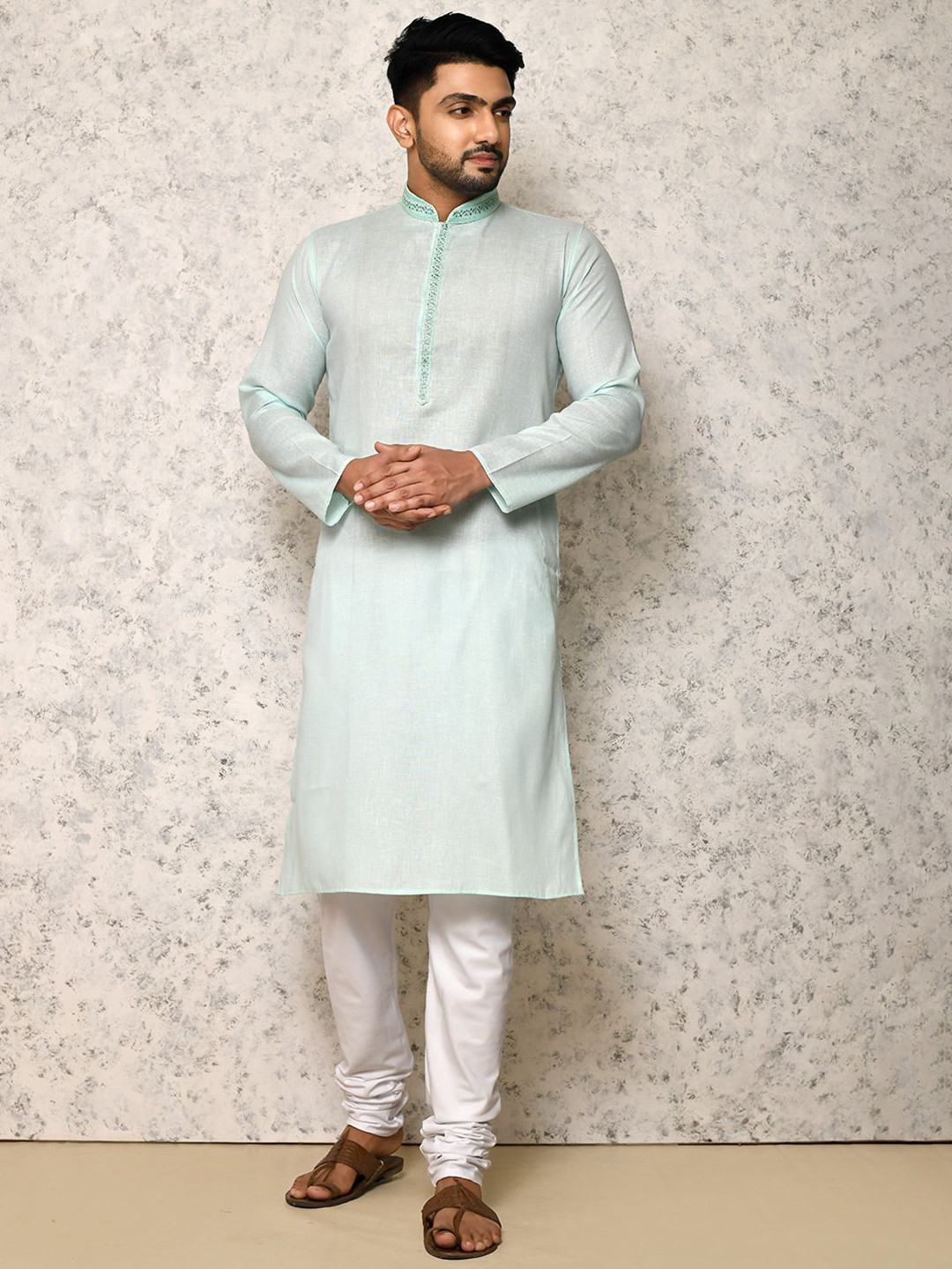 RANAK Men Solid Self Design Regular Straight Above Knee Pure Cotton Kurta Set