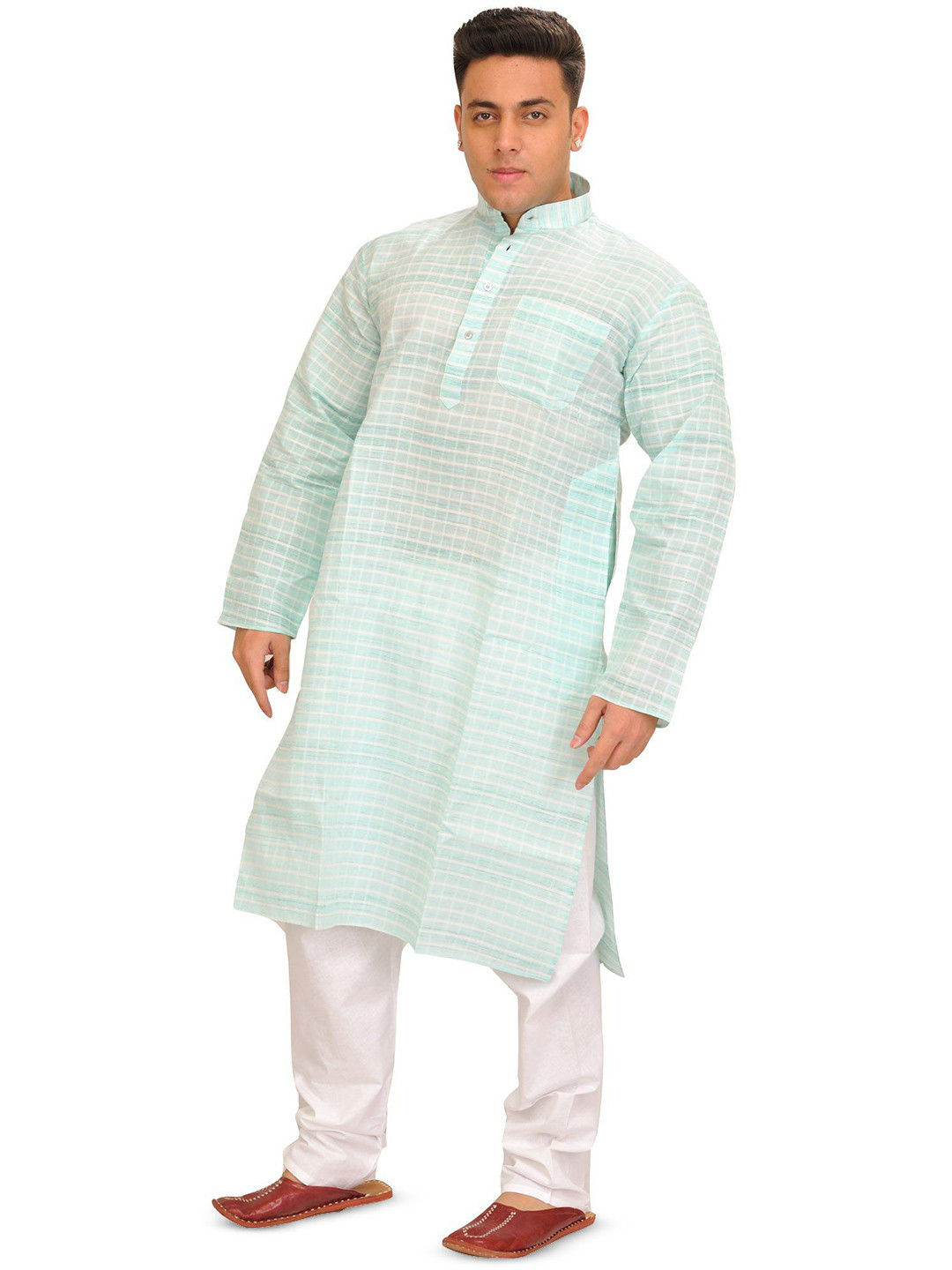 Exotic India Men Casual Summer Kurta Pajama Set with Woven Checks