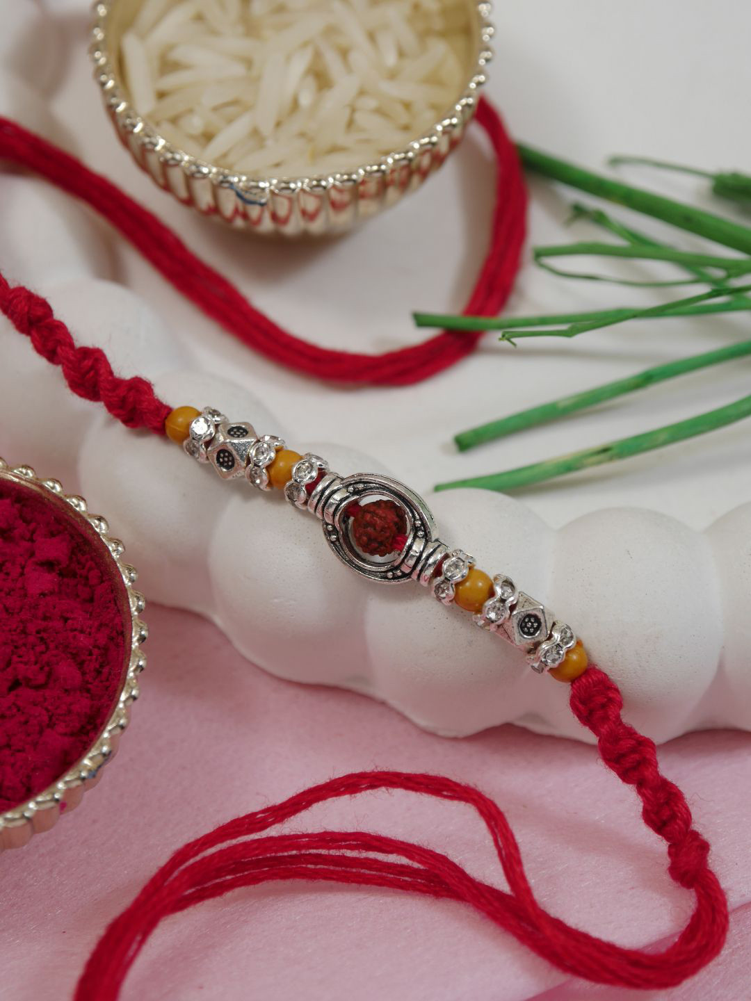 I Jewels Men Red & Silver-Toned Rakhi with Greeting Card & Roli Chawal