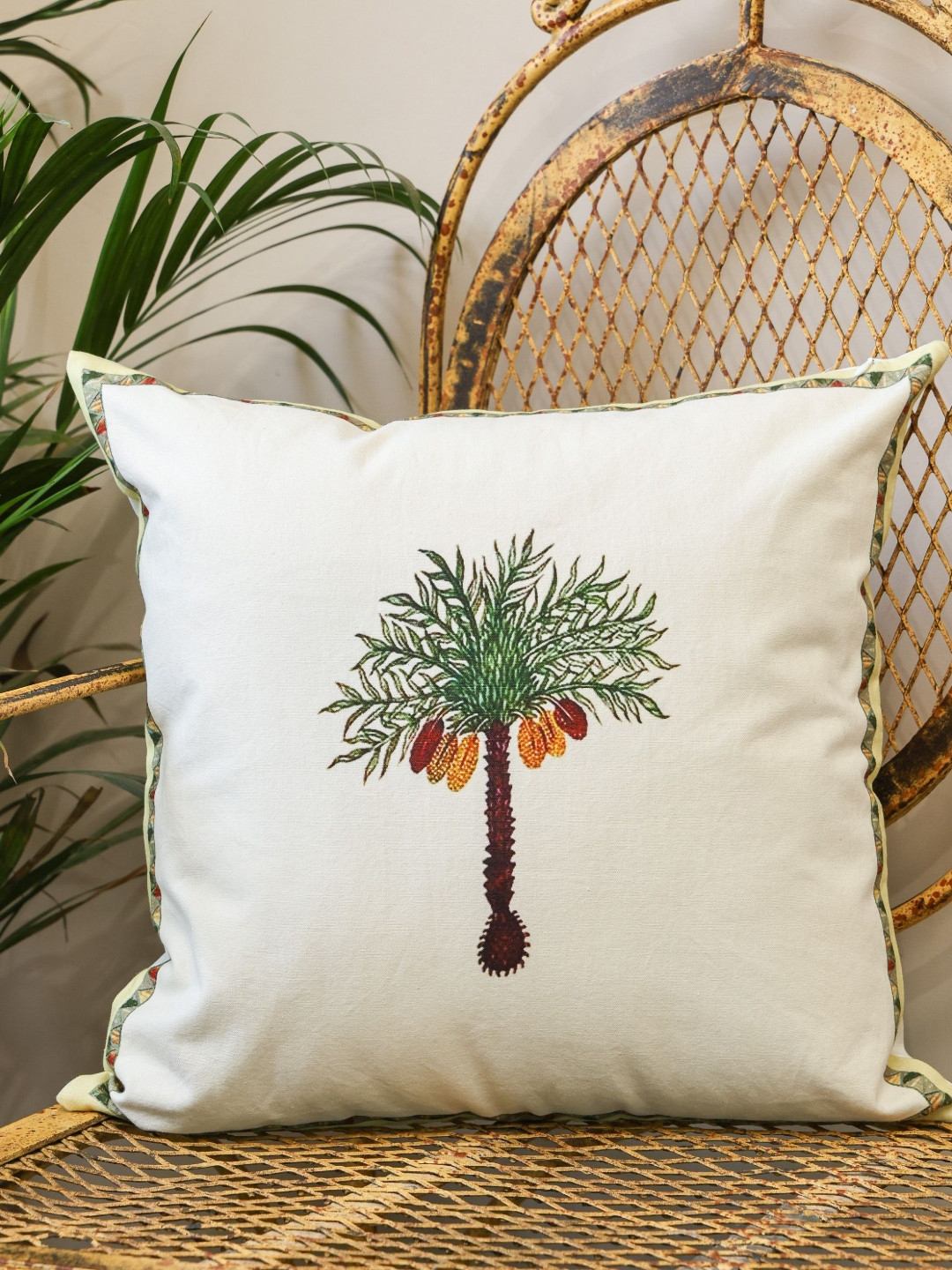 Crown of Poppies White & Green Blooming Garden Printed Cotton Square Cushion Cover