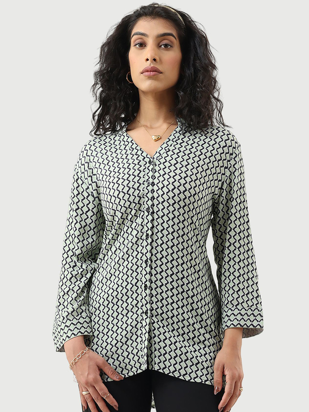 Mustard Geometric Printed Spread Collar Shirt