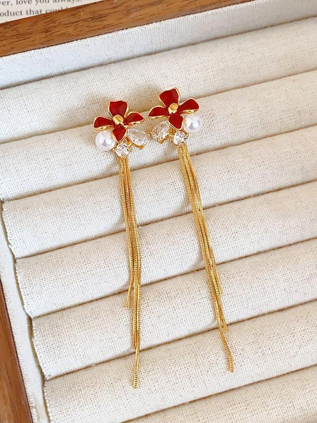DressBerry  Korean Red Floral Gold pleated Drop Earrings