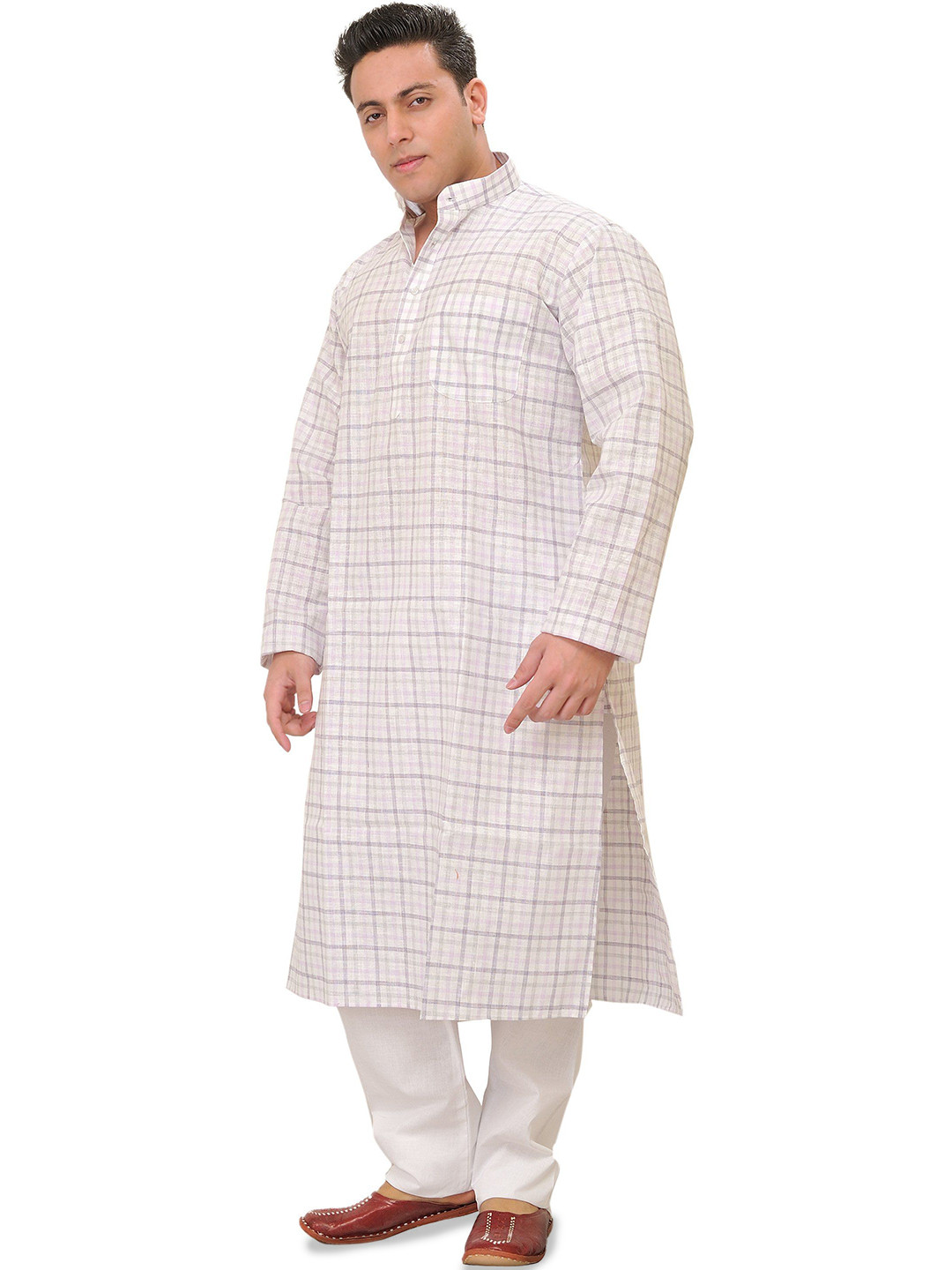 Exotic India Men Checked Mandarin Collar Pure Cotton Regular Straight  Kurta with Pyjamas