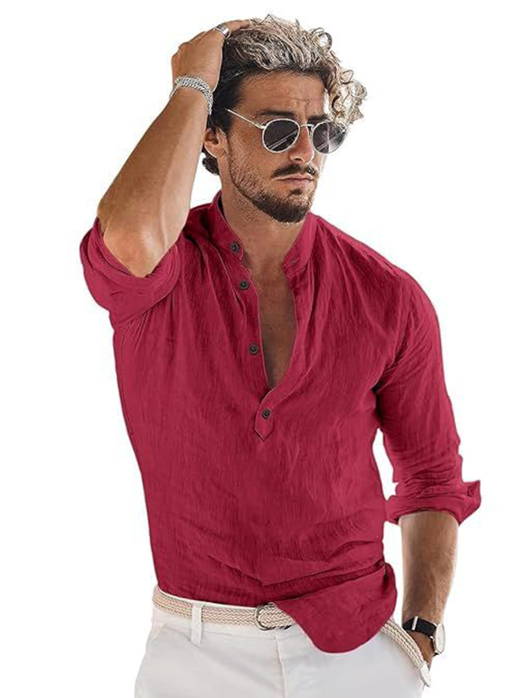 APEKTRA Mandarin Collar Roll-Up Sleeves Slim Fit Cotton Short Kurta