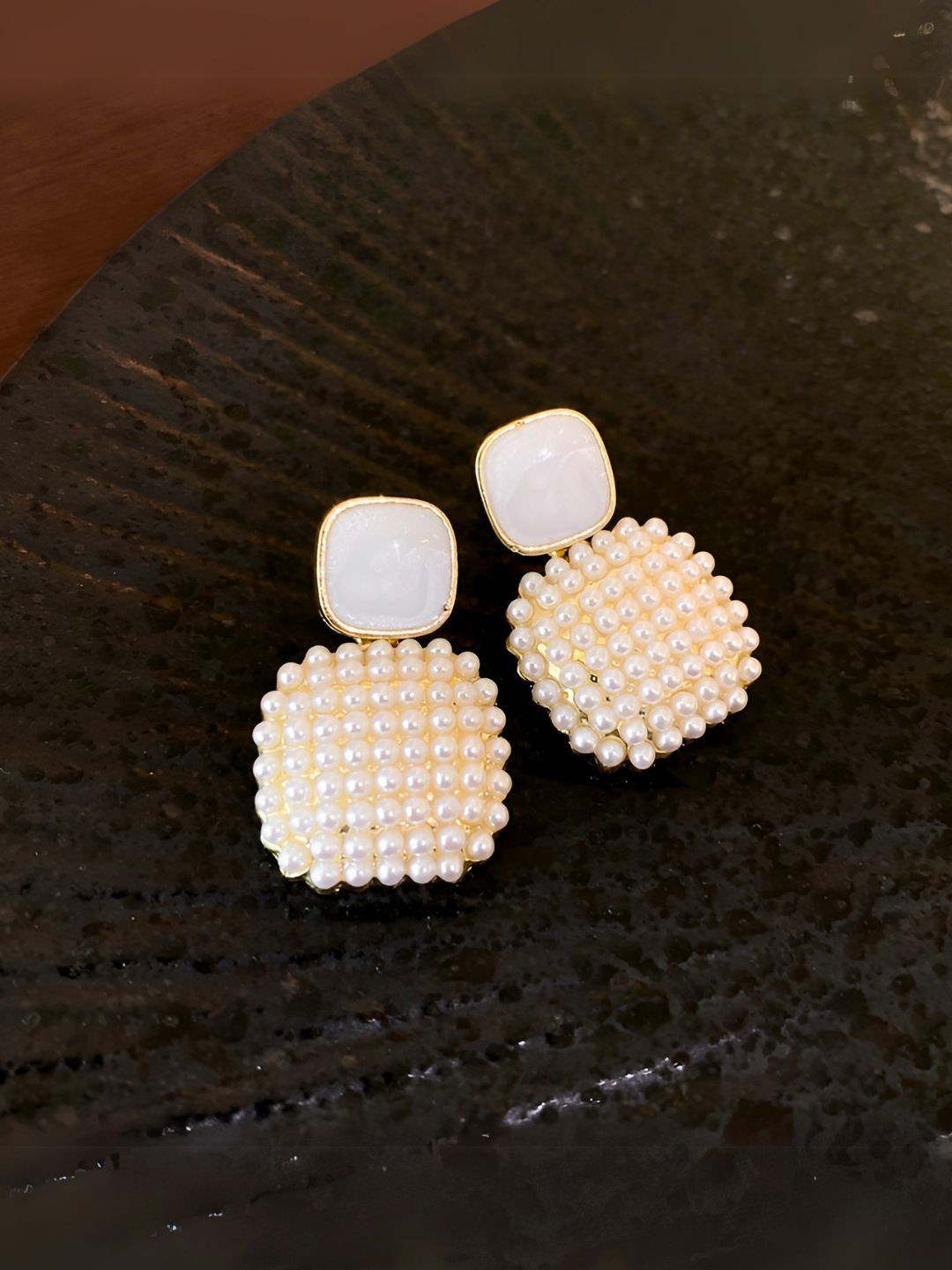 COOLWOOL Gold-Plated Cube Pearls Beaded Korean Square Drop Earrings