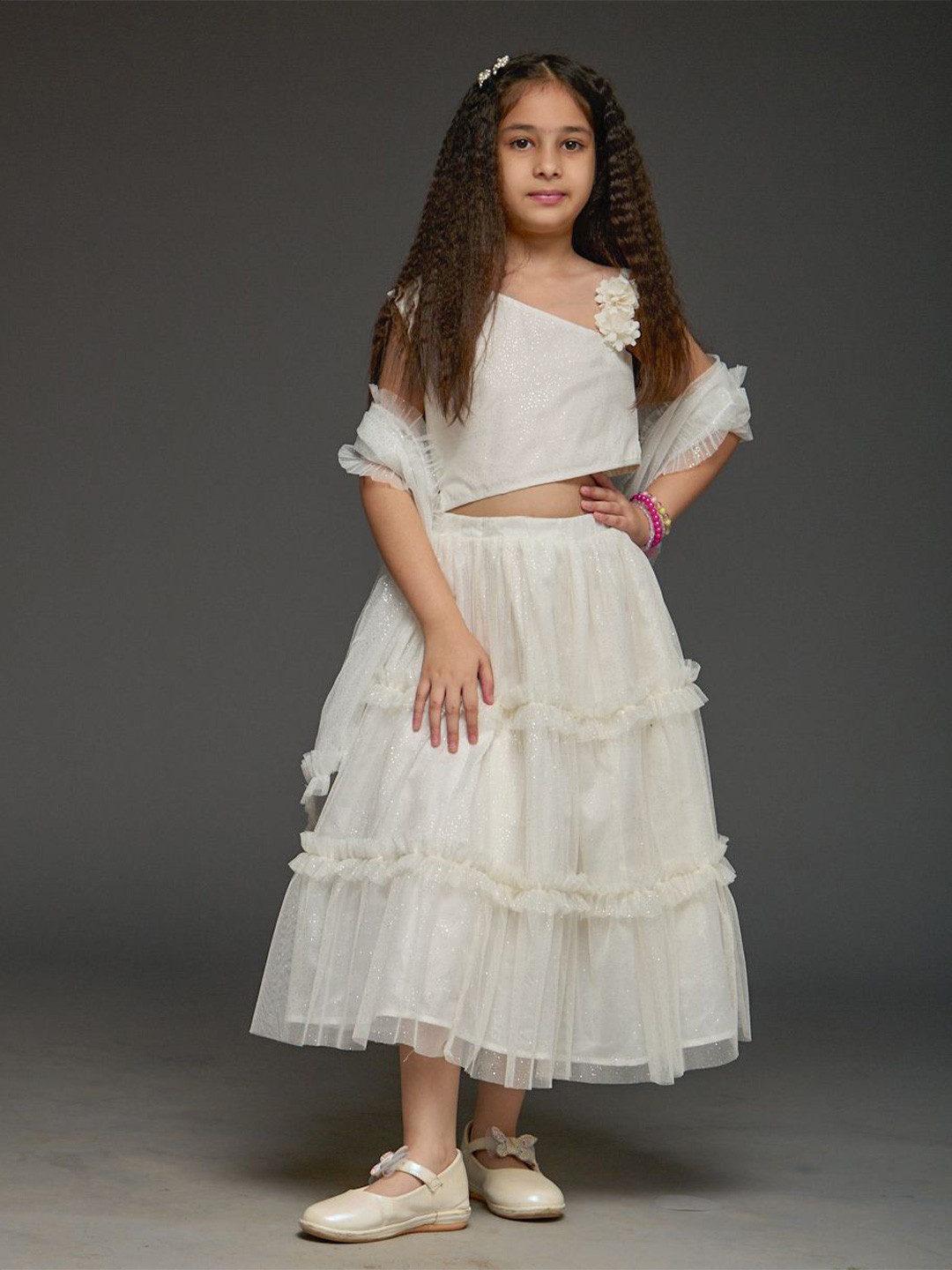 KidsDew Girls Foil Print Ready to Wear Net Flare Lehenga & Choli With Dupatta