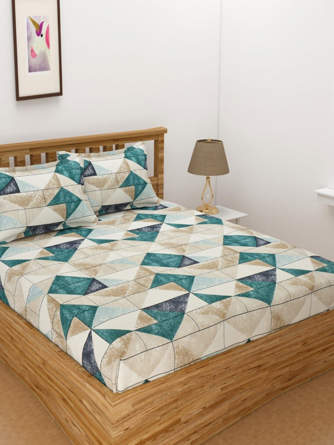 B' Decorlish Green & Beige Printed 220 TC Cotton Queen Bedsheet Set 1.82 m x 1.92 m