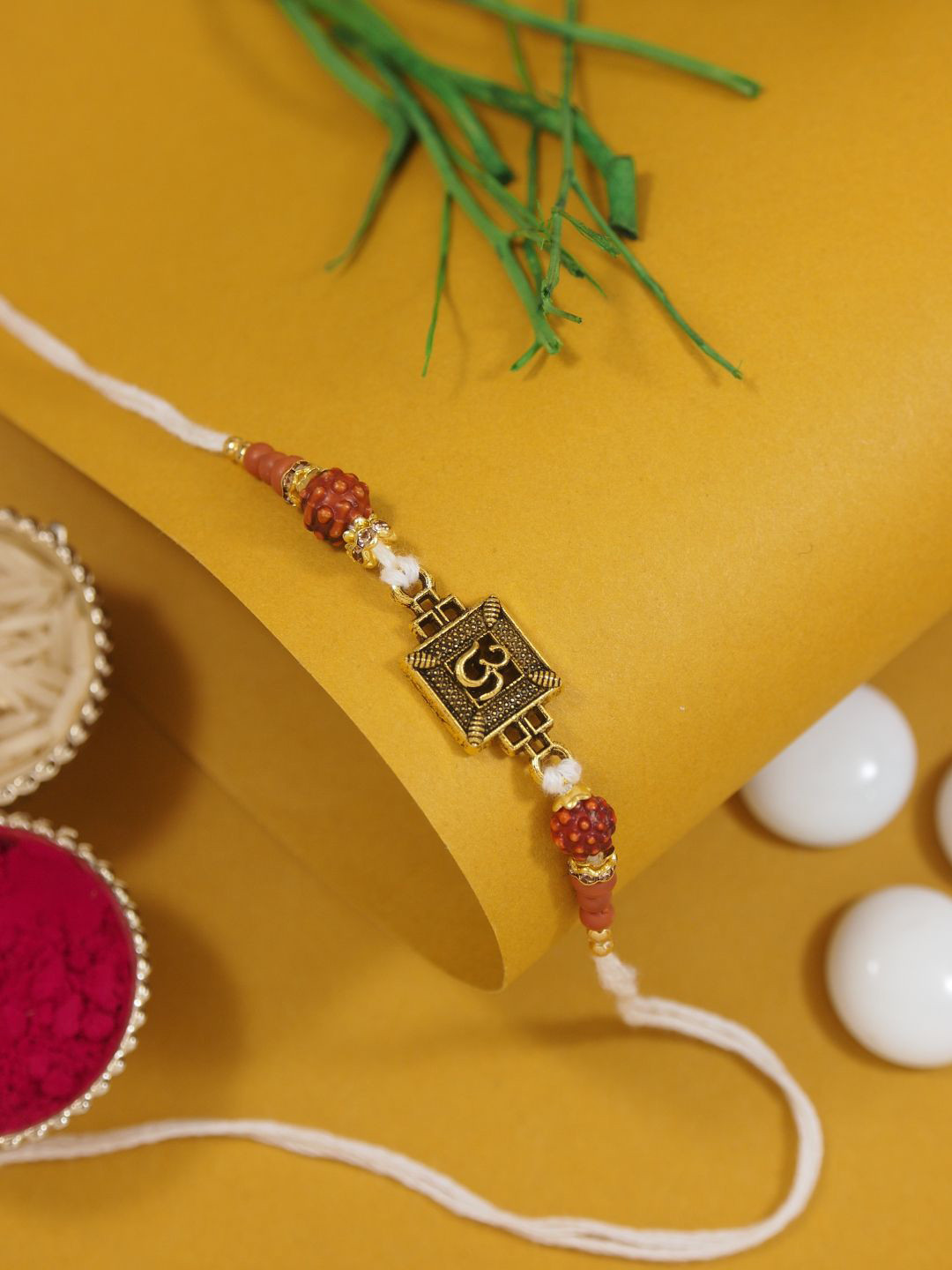 I Jewels Men White & Gold-Toned Rakhi with Greeting Card & Roli Chawal