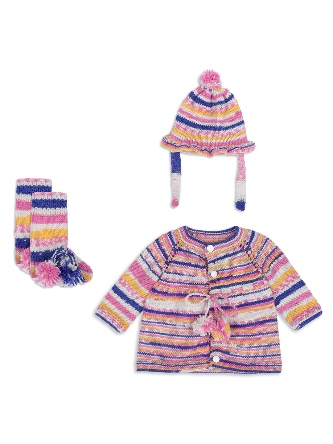 Ragel Girls Striped Woollen Jumper Dress Comes with Caps and Shoes