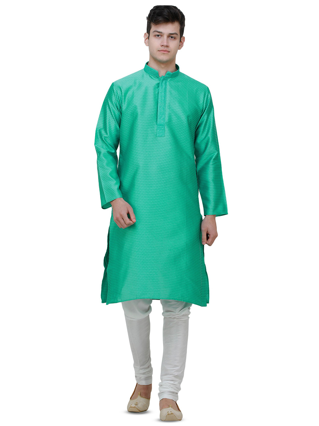 Exotic India Men Kurta Pajama Set with Embroidered Collar and Jacquard Woven Paan Leaves
