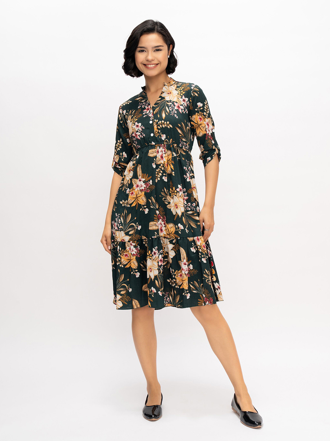 AASK Women's Green Printed Delta Crepe Fit and Flare Calf Length Dress