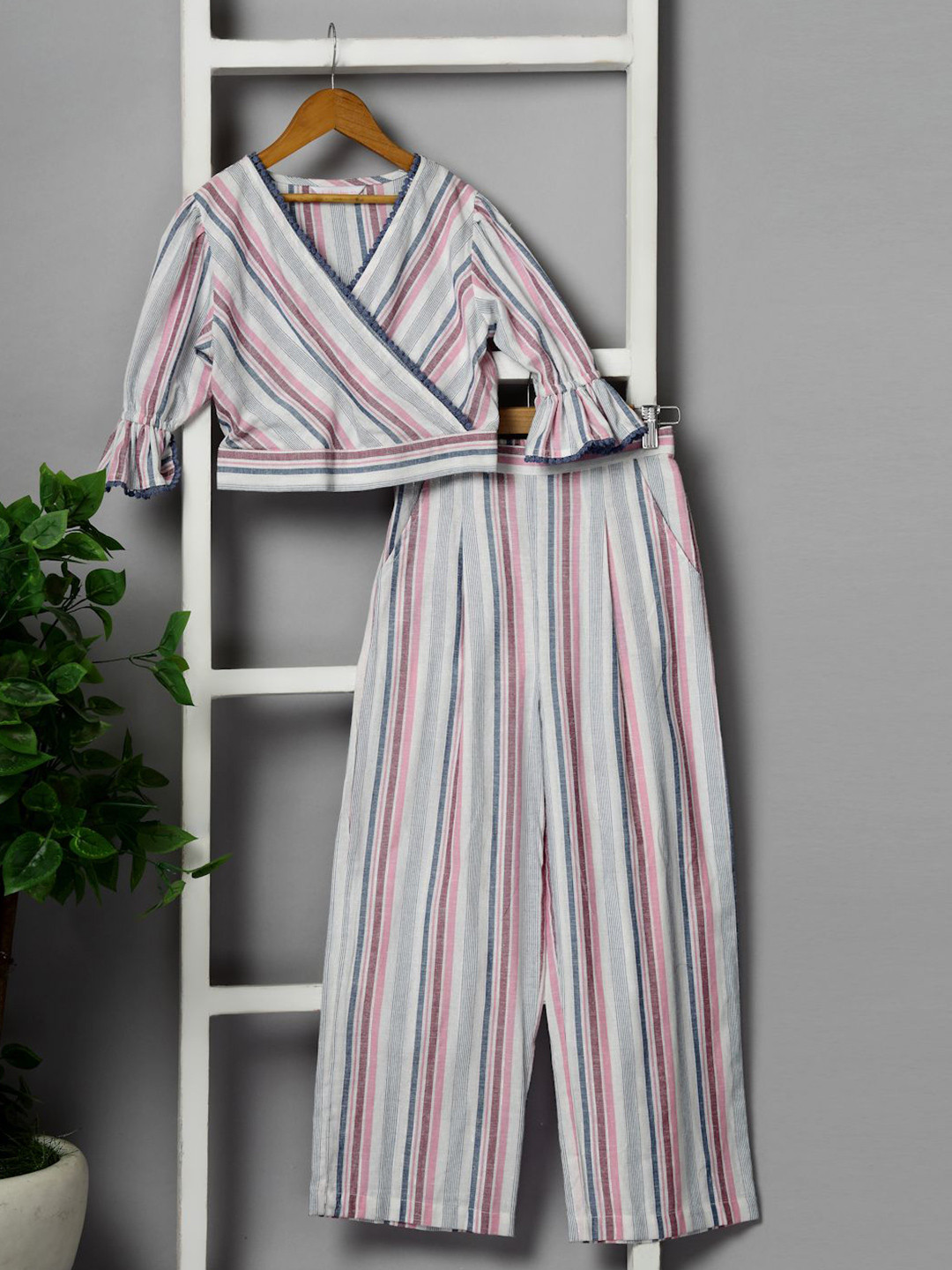 Budding Bees Girls Striped V-Neck Pure Cotton Top With Trouser