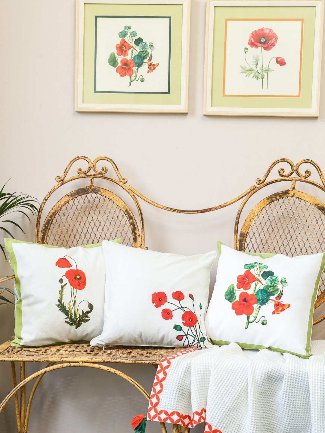 Crown of Poppies Blooming Garden 3 Pieces Floral Printed Cotton Square Cushion Covers