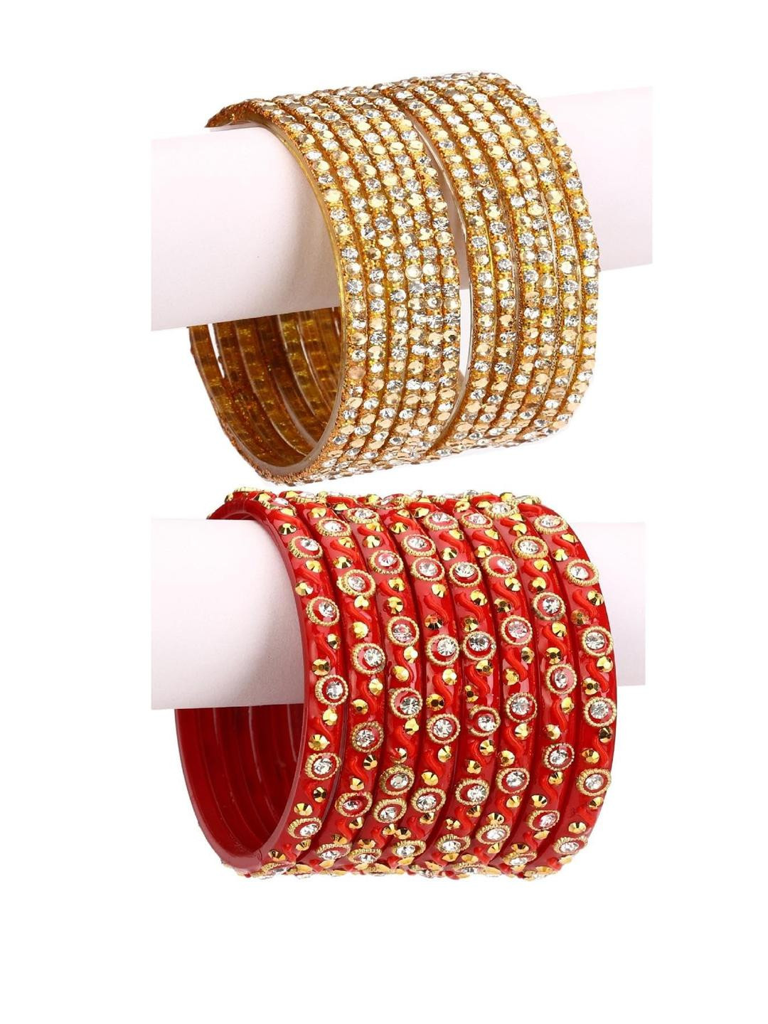 Somil Glass Bangle/Kada Set- Gold & Red, Combo Of 2 Set