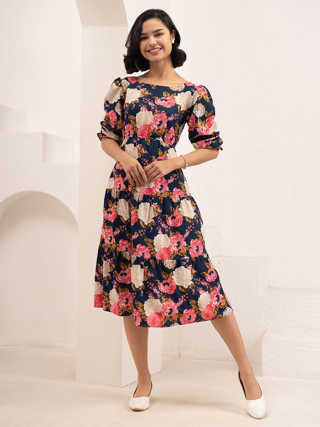 AASK Women Pink Printed Delta Crepe Fit and Flare Calf Length Dress