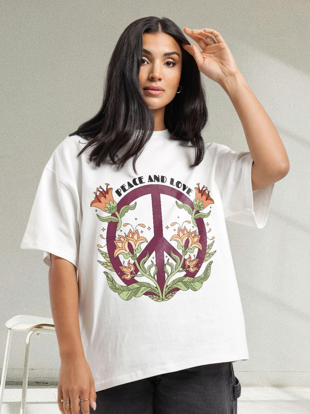 PRONK Peace And Love Graphic Printed Drop-Shoulder Sleeves Oversized Cotton T-shirt