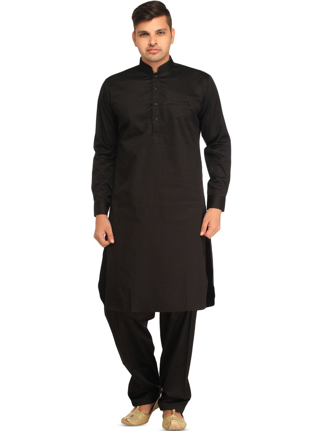 Exotic India Men Plain Pathani Kurta Salwar Set with Piping Work