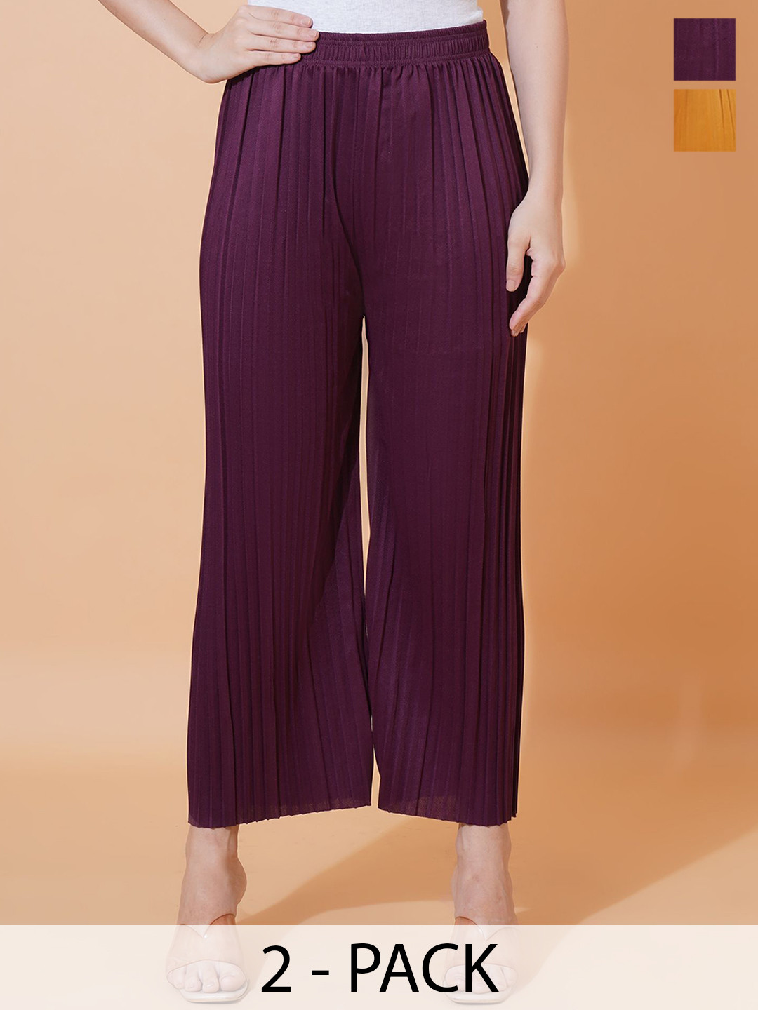 LECOWAR Women Pack of 2 Comfort Mid-Rise Rregular Trousers